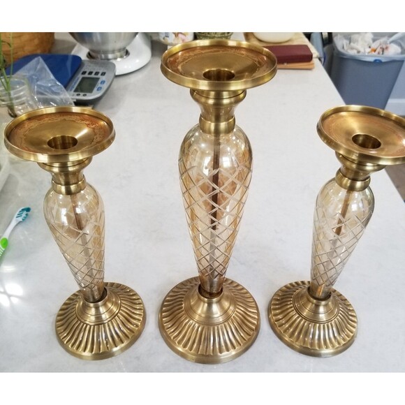 Brass and Glass Iridescent Candlesticks set of 3 made in India 2-10" 1-12"